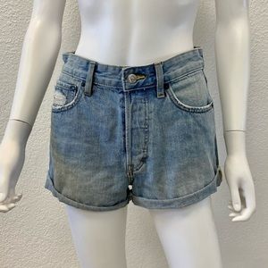 Light Wash High Waisted Button Fly Shorts